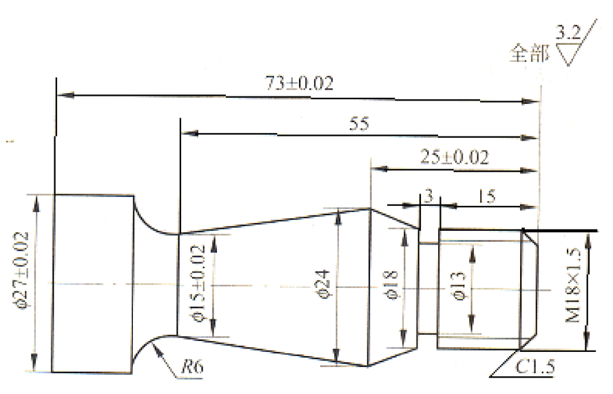 如图零件所示，毛坯尺寸为φ35×100mm，试编写零件粗精加工程序。（图中螺纹程序不用编写） 