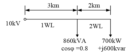 某变电所10kV三相架空线路，给两个工厂供电，试计算该供电线路的电压损耗。已知1WL为LJ—95：r