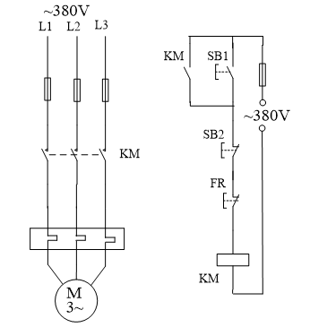 2、下图为某异步电动机控制电路。其中SB1为启动按钮，SB2为停止按钮。电机启动时的逻辑表达式是KM