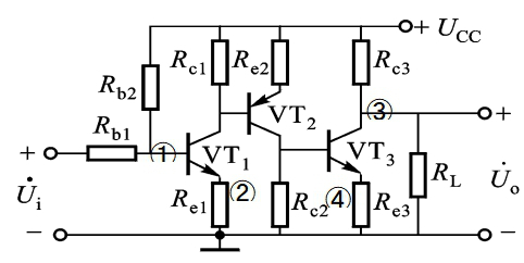 图示电路，若想实现输出电压稳定，则应该在（）引入反馈支路。 