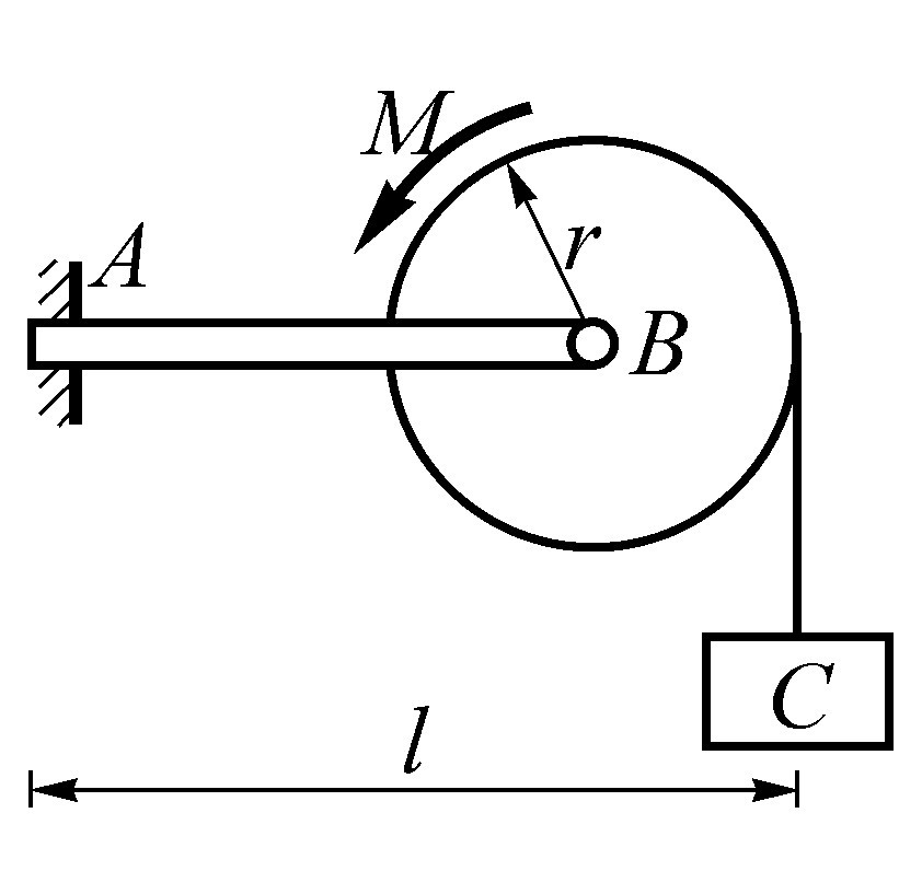 在图示系统中，已知：梁长为l ，其质量不计，匀质轮Ｂ的质量为m ，半径为r ，其上作用一力偶矩为Ｍ的
