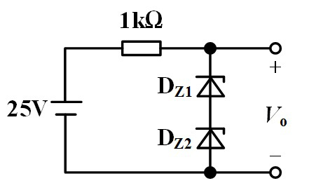 电路如图所示，假设DZ1，DZ2的稳定电压分别为5V和10V，正向压降均为0.7V，则电路的输出电压