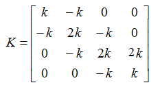 如图所示的系统中，4个物体的质量均为m，由三根刚度系数均为k的弹连接。初始时四个物体的位移都为0，初
