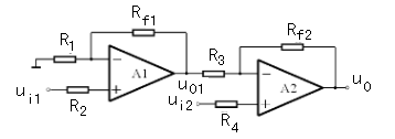 如图7.05所示为两级运算放大电路，求： （1）输出与uil、ui2的关系式，分析该电路的作用； （