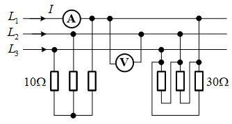 下图所示电路中，有两组三相对称负载，若电压表读数为220V，则电流表读数为（）A 