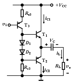 图示放大电路中，已知VCC=16V，RL=8Ω，T1和T2管的饱和管压降|VCES|=2V，则该功率