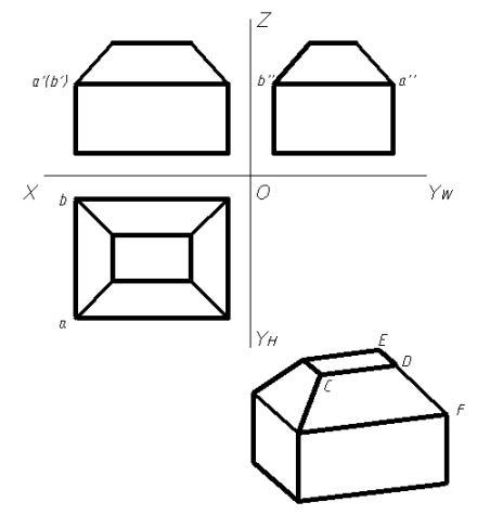 已知形体的直观图及三面投影图，点A、B的三面投影图及点C、D、E、F各点的空间位置，试标注A、B两点