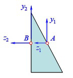 图示直角三角形截面中，A、B分别为斜边和直角边中点，y1z1、y2 z2为两对互相平行的直角坐标轴。