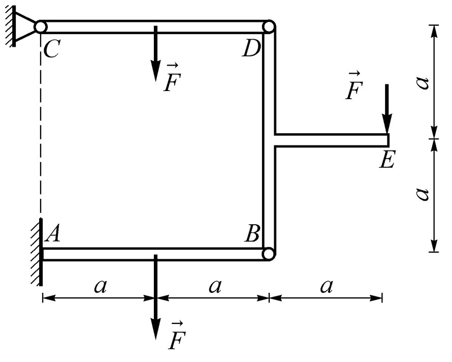 结构由直杆AB、CD及T形杆BED组成，C、D、B处为光滑铰链，A处为固定端，载荷及尺寸如图，各杆重