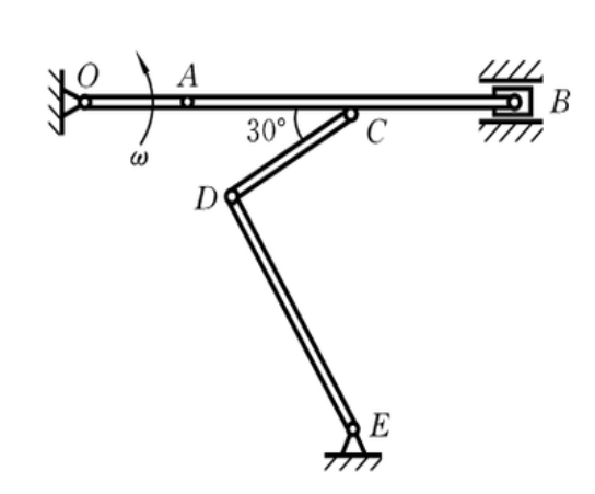 曲柄机构在其连杆AB的中点C以铰链与以铰链与CD连接。而CD杆又与DE杆铰接，DE杆可绕E点转动。若