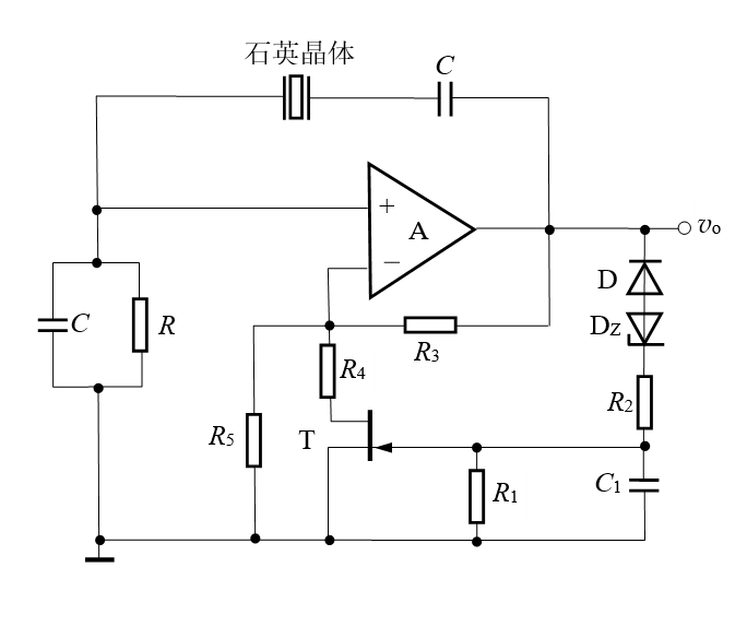 【填空题】电路如下图所示，在电路产生正弦波振荡时，石英晶体应工作在（）谐振频率处；二极管D用作（）；