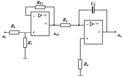 图12所示电路中已知，输入电压，，，，，，。求得输出电压、分别为（）。  图12
