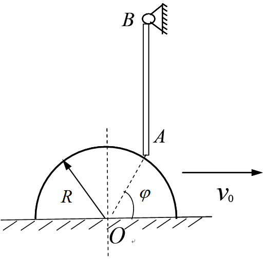 如图所示，半径为R的半圆形凸轮以等速v0沿水平线向右运动，带动杆AB绕轴B转动。选AB杆上A为动点，