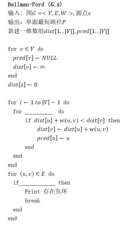给出Bellman-Ford算法伪代码如下，则空白处应填入____ 