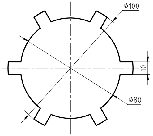 如图所示两圆之间均匀分布有6个方槽，绘制如图所示图形，并在粗实线之间填充剖面线，使用LIst命令查询