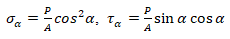 图示矩形截面杆两端受载荷P作用，设杆件横截面积为A，sa和ta分别表示截面m-n上的正应力和剪应力，