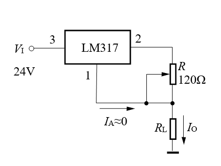 【填空题】由可调三端稳压器LM317构成的可调恒流源电路如下图所示，假设稳压器调整端电流IA≈0，当