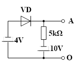 图示电路中，二极管为理想二极管，求AO两端输出电压UAO＝ V  