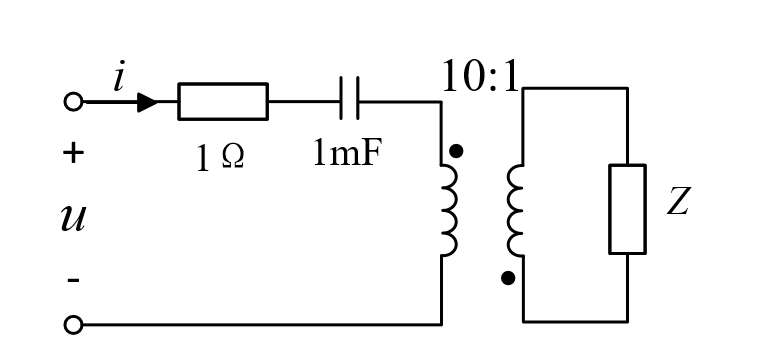 含理想变压器的电路如下图所示。电流i的有效值为10A，电压u的有效值为10V，电压的角频率为10ra