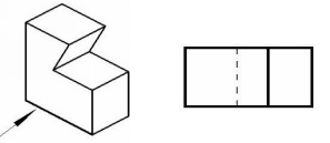 如左图所示的立体示意图（箭头所指方向为主视图方向），其俯视图如右图。 