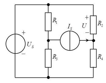 电路如图，已知R1=7Ω，R2=6Ω，R3=2Ω，R4=3Ω，US=12V，IS=2A。用叠加定理求