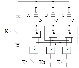 下图是一个三人抢答器电路。首先接通电源键K0，当按键K2按下后，发光二极管A会亮。 