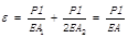 阶梯形杆的横截面面积分别为A1=2A，A2=A，材料的弹性模量为E。杆件受轴向拉力P作用时，最大的伸