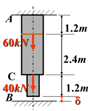 图示阶梯形杆上端固定，下端与支座距离d=1mm，材料的弹性模量E=210GPa，上下两段杆的横截面面