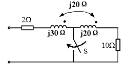 如图所示正弦稳态电路，求开关闭合时候单口网络的等效阻抗是（） 