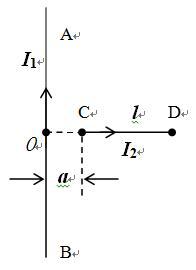 如图所示，真空中，在通有电流的无限长直导线AB旁有一共面的直导线CD，CD垂直于AB，CD长为，通以