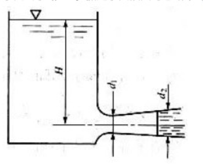 某水箱中的水从一个扩散短管流到大气中，如下图所示。若直径d1为100mm, 该处绝对压强为49.03