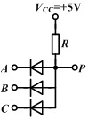 在下图所示电路中，二极管具有理想特性，试分析电路输入A、B、C与输出P的逻辑关系为 。 
