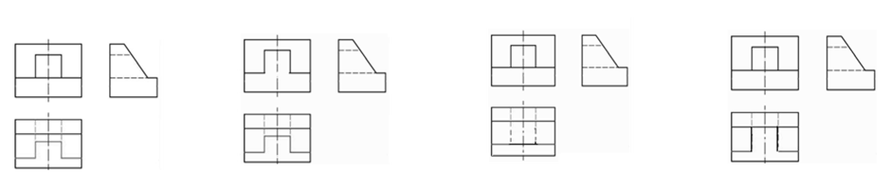 参照组合体的轴测图，正确的三视图是()。   A B C D