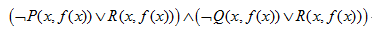 谓词公式（∀x）（∃y）（P（x，y）∨Q（x，y）→R（x，y））可化为相应子句集（）