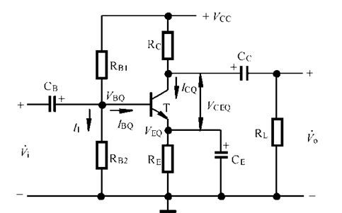 如图所示阻容耦合固定分压射极偏置共射放大电路的静态工作点由以下哪些电路参数决定。A、RB1、RB2、
