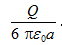 在边长为a的正方体中心处放置一点电荷Q，设无穷远处为电势零点，则在正方体顶角处的电势为（)
