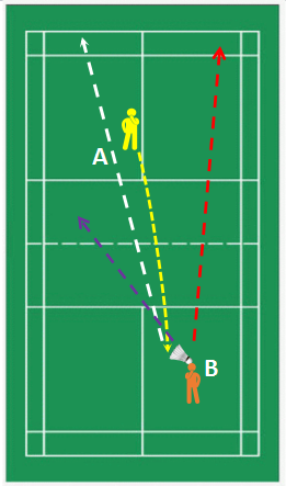 【单选题】如图所示，红黄双方进行双打比赛，A在左区发球，B接发球，其应怎样回球才算符合规则规定？（说
