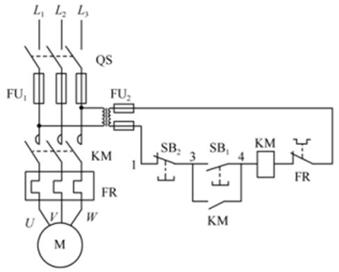 如图所示，为三相异步电动机磁力起动器控制电路，KM常开辅助触头因故闭合不上，则合上QS三相电源开关后