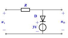 电路如图所示，已知输入电压ui=5V，D是理想二极管，求输出电压uo 