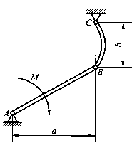 杆AB以铰链A及弯杆BC支持，a=1m，b=0.5m，杆AB上作用一力偶，其力偶矩大小为10N·m，