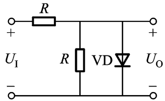 已知下图电路中U I=3V，R=1kΩ，二极管导通时压降为0.7V，截止时等效电阻为∞，则U O=（