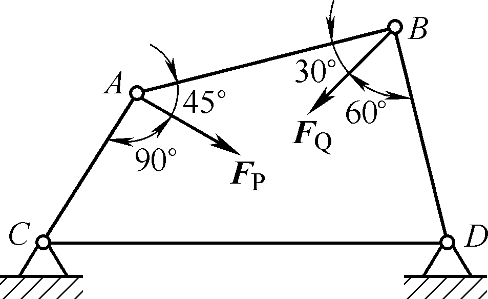 铰结的四连机构CABD如图所示，其中CD边固定。在铰链A、B上分别作用有力FP和FQ，它们的方向如图