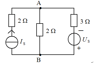 在图示电路中，已知：=5A，当、共同作用时，=4V。那么当电压源单独作用时，电压UAB应为（）。 