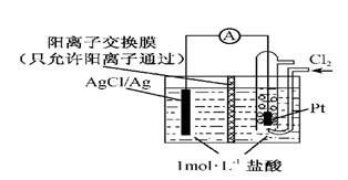 A、正极反应为 B、放电时，交换膜右侧溶液中有大量白色沉淀生成C、若用NaCl溶液代替盐酸，则电池总