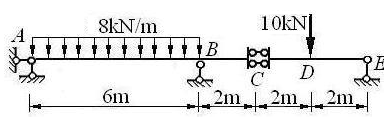 图示多跨静定梁，截面B的弯矩（设下侧受拉为正）为： 