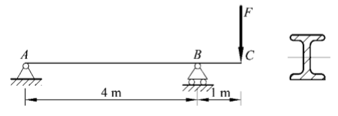 一工字钢外伸梁受力如图，已知F=20kN，许用正应力[σ]=160MPa。试设计工字钢的型号。 