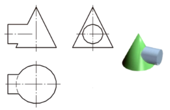 【多选题】如下图所示,求作圆柱和圆锥的相贯线时,辅助平面的选择有哪几种方法？（) 