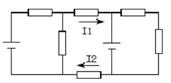 如图所示电路中，电流I1和I2的关系为 