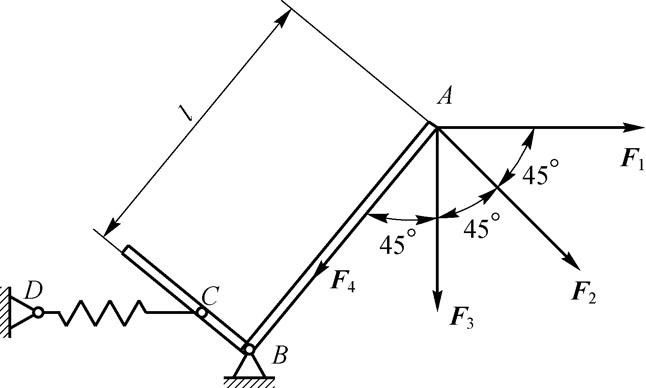 如图1-57所示，设AB=l，在A点受四个大小均等于F的力F1、F2、F3和F4作用。试分别计算每个
