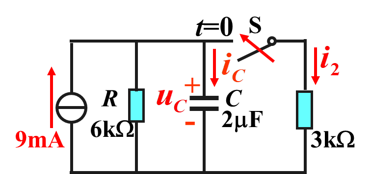 t=0时合上开关S，合S前电路已处于稳态。试求电容电压uC 和电流i2 、iC 